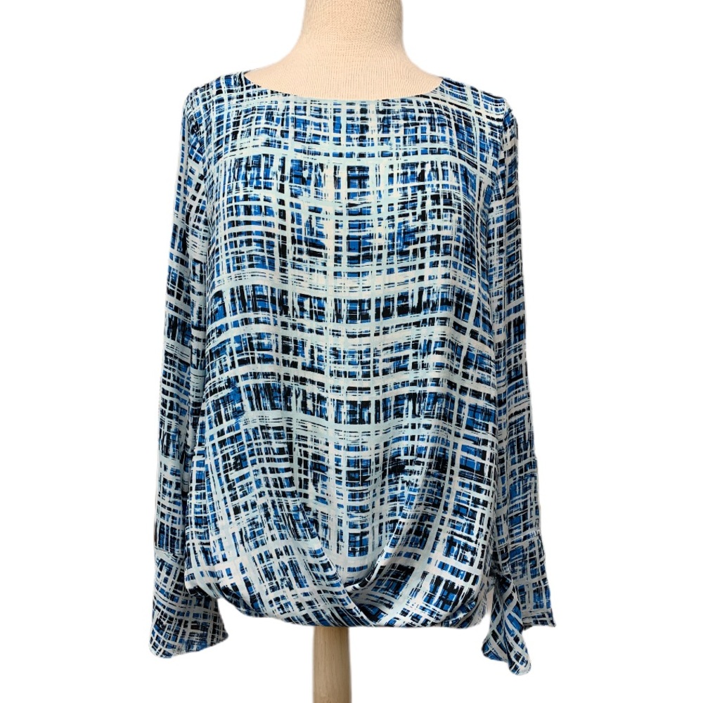 Vince Camuto blue pattern front faux wrap blouse